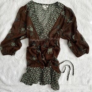 boho fairy blue and brown flowy summery top with tie back to make fitted